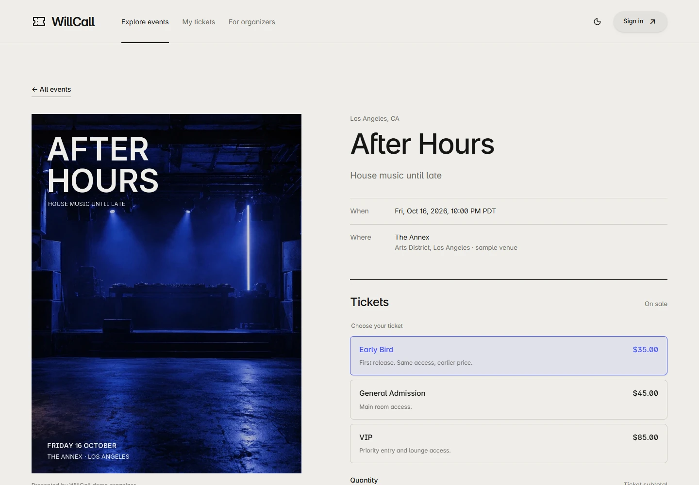 Sample event detail and ticket selection